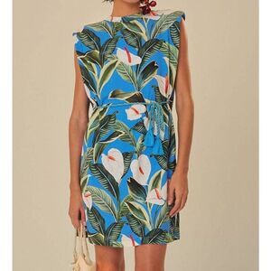 Farm Rio Blue Anthurium Garden Organic Cotton Mini T-shirt Dress SZ XL NWT